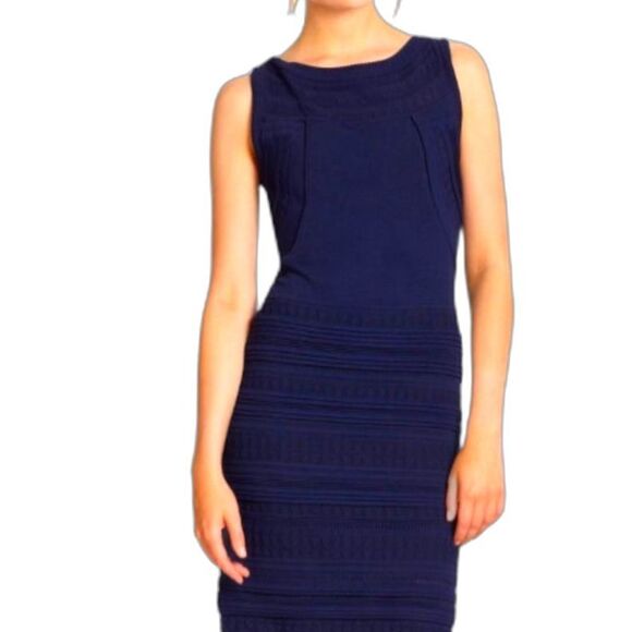 Marchesa Voyage Navy Blue Sleeveless Stitch Knit Sheath Below Knee Dress Size L - Picture 1 of 16